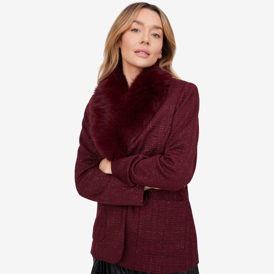 Image 103081_ALTMORE1.jpg, Product 103-081 / Price $89.33, Badgley Mischka Onyx Long Tweed Wrap Blazer with Detachable Fur Collar from Badgley Mischka on TSC.ca's Fashion department