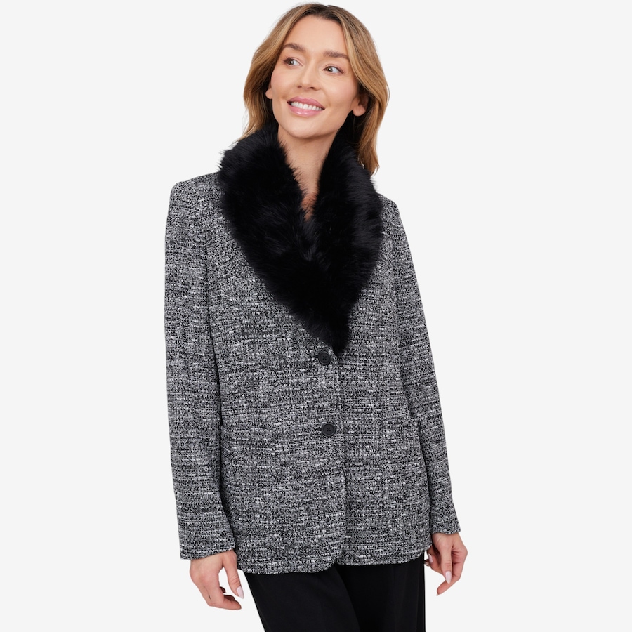 Image 103081_BLK.jpg, Product 103-081 / Price $89.33, Badgley Mischka Onyx Long Tweed Wrap Blazer with Detachable Fur Collar from Badgley Mischka on TSC.ca's Fashion department