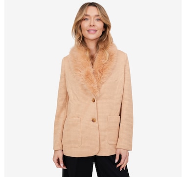Badgley Mischka Onyx Long Tweed Wrap Blazer with Detachable Fur Collar