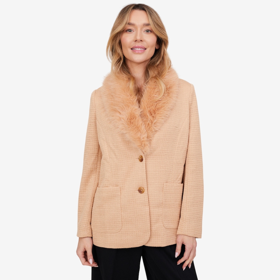 Image 103081_CML.jpg, Product 103-081 / Price $89.33, Badgley Mischka Onyx Long Tweed Wrap Blazer with Detachable Fur Collar from Badgley Mischka on TSC.ca's Fashion department