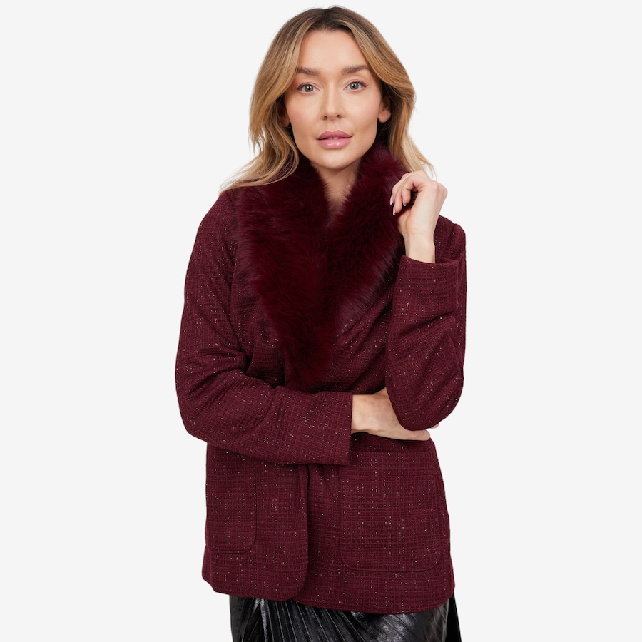 Image 103081_WIN.jpg, Product 103-081 / Price $89.33, Badgley Mischka Onyx Long Tweed Wrap Blazer with Detachable Fur Collar from Badgley Mischka on TSC.ca's Fashion department