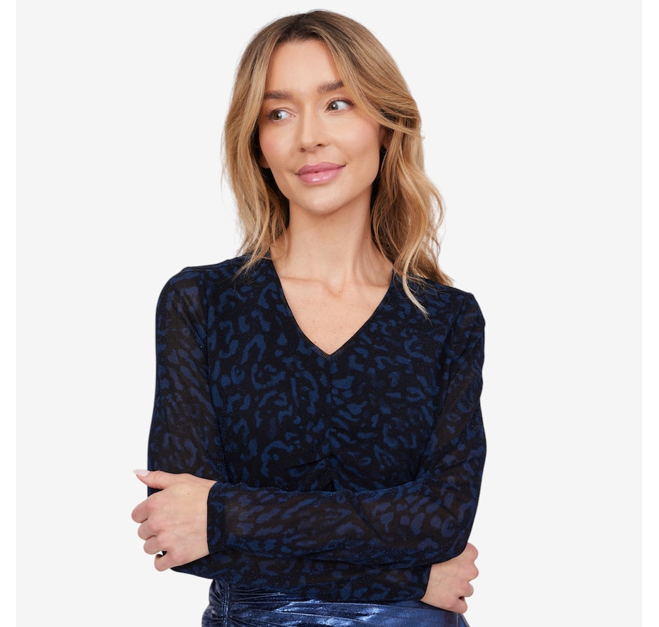 Image 103085_BLLP.jpg, Product 103-085 / Price $49.88, Badgley Mischka Marley Printed Mesh V-Neck Top from Badgley Mischka on TSC.ca's Fashion department