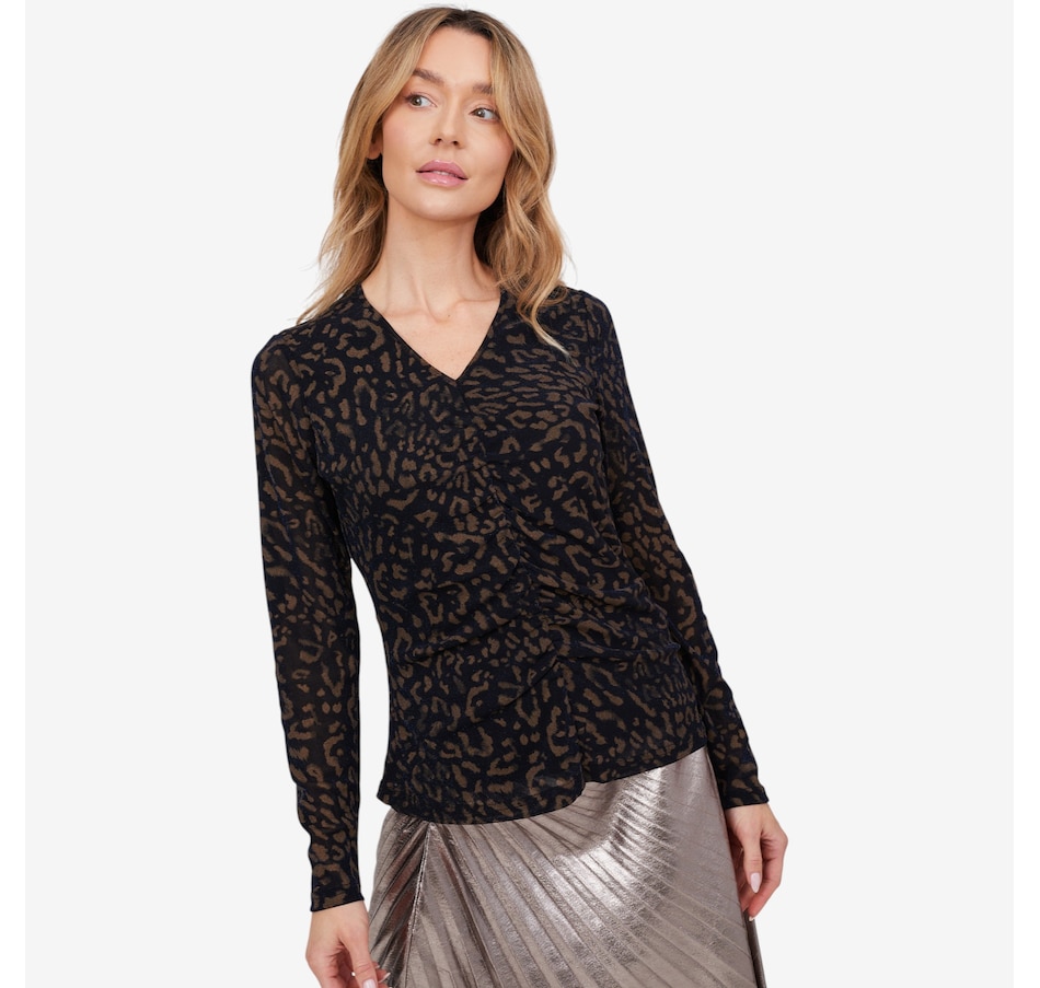 Image 103085_CRD.jpg, Product 103-085 / Price $49.88, Badgley Mischka Marley Printed Mesh V-Neck Top from Badgley Mischka on TSC.ca's Fashion department