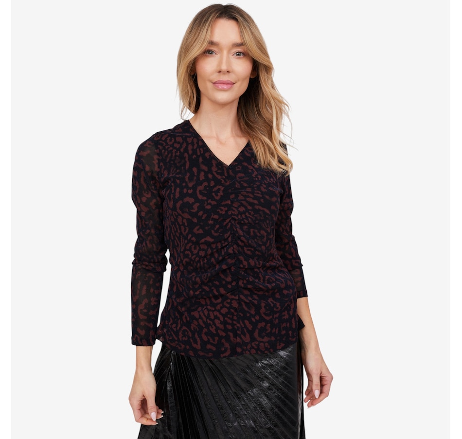 Image 103085_WNFRL.jpg, Product 103-085 / Price $49.88, Badgley Mischka Marley Printed Mesh V-Neck Top from Badgley Mischka on TSC.ca's Fashion department