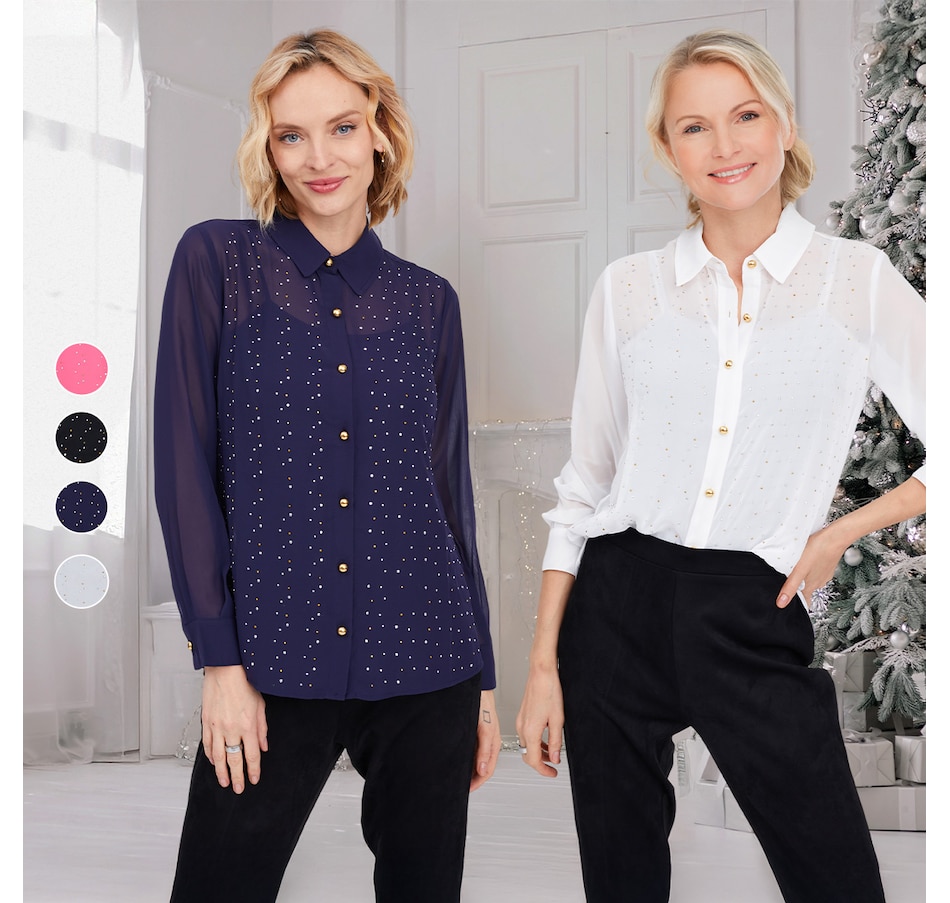 Image 103092_ALTMORE100.jpg, Product 103-092 / Price $119.99, Isaac Mizrahi Chiffon Embellished Button Down Shirt from Isaac Mizrahi New York on TSC.ca's Fashion department