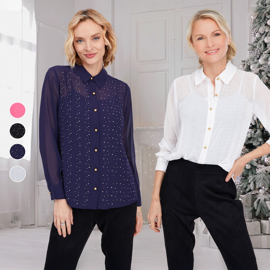 Image 103092_ALTMORE100.jpg, Product 103-092 / Price $19.33, Isaac Mizrahi Chiffon Embellished Button Down Shirt from Isaac Mizrahi New York on TSC.ca's Fashion department