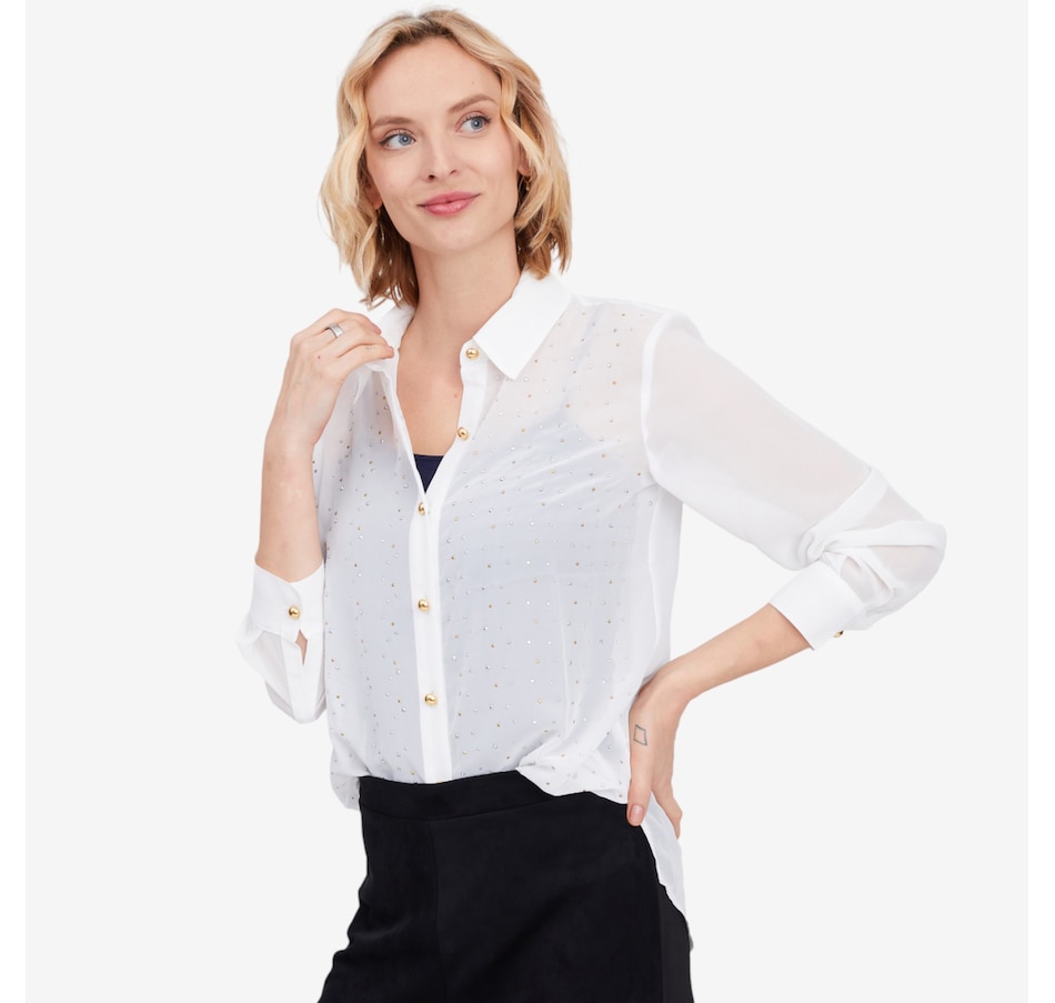 Image 103092_ALTMORE4.jpg, Product 103-092 / Price $119.99, Isaac Mizrahi Chiffon Embellished Button Down Shirt from Isaac Mizrahi New York on TSC.ca's Fashion department