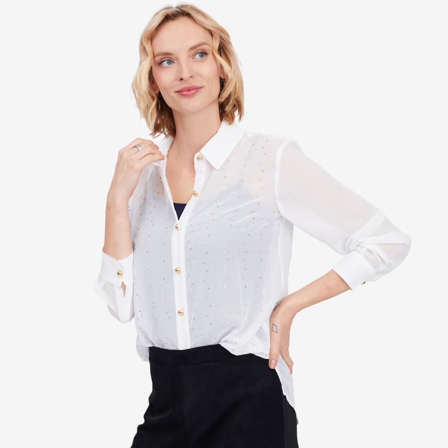 Image 103092_ALTMORE4.jpg, Product 103-092 / Price $19.33, Isaac Mizrahi Chiffon Embellished Button Down Shirt from Isaac Mizrahi New York on TSC.ca's Fashion department