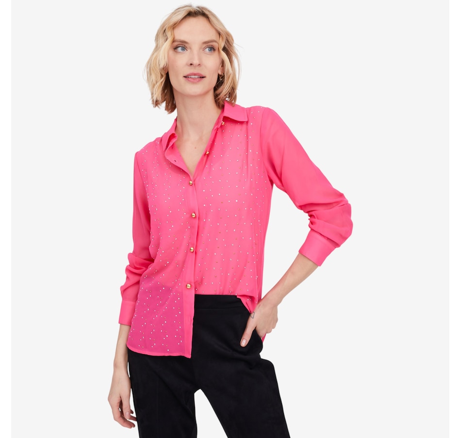 Image 103092_ALTMORE6.jpg, Product 103-092 / Price $119.99, Isaac Mizrahi Chiffon Embellished Button Down Shirt from Isaac Mizrahi New York on TSC.ca's Fashion department
