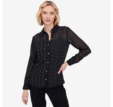 Isaac Mizrahi Chiffon Embellished Button Down Shirt