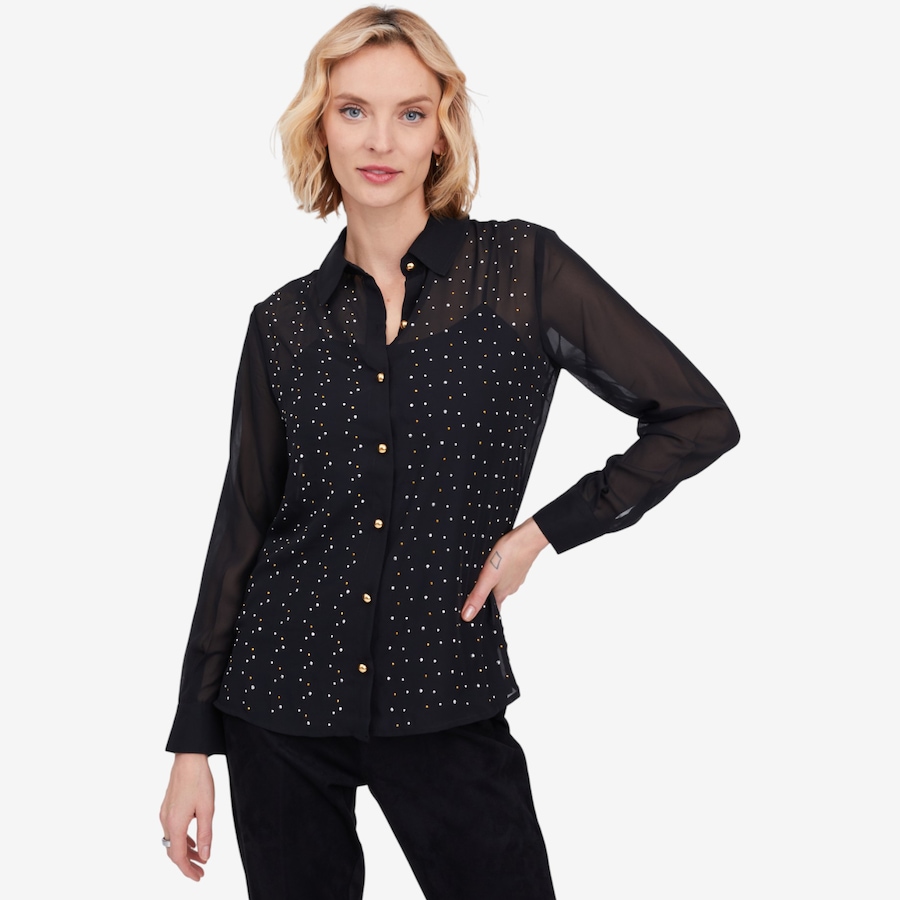 Image 103092_BLK.jpg, Product 103-092 / Price $19.33, Isaac Mizrahi Chiffon Embellished Button Down Shirt from Isaac Mizrahi New York on TSC.ca's Fashion department