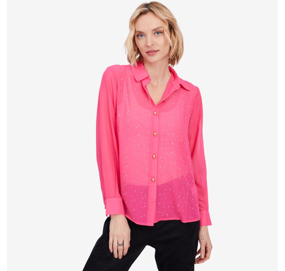 Image 103092_FUS.jpg, Product 103-092 / Price $119.99, Isaac Mizrahi Chiffon Embellished Button Down Shirt from Isaac Mizrahi New York on TSC.ca's Fashion department