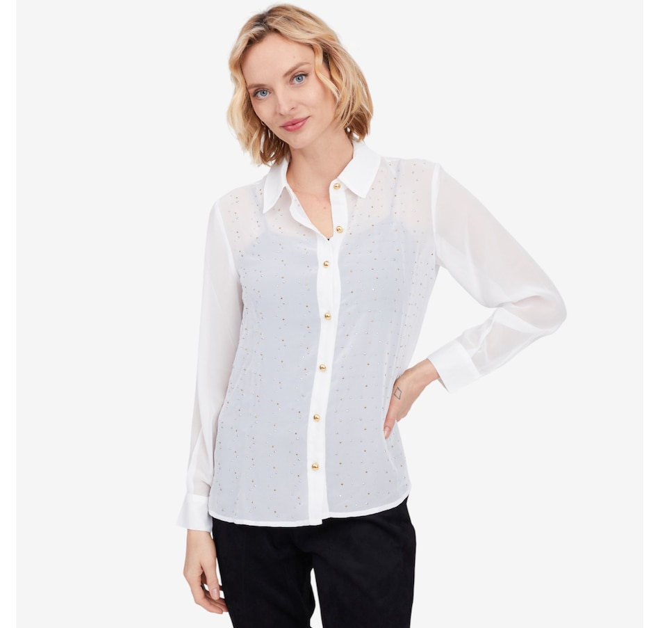 Image 103092_IVR.jpg, Product 103-092 / Price $119.99, Isaac Mizrahi Chiffon Embellished Button Down Shirt from Isaac Mizrahi New York on TSC.ca's Fashion department