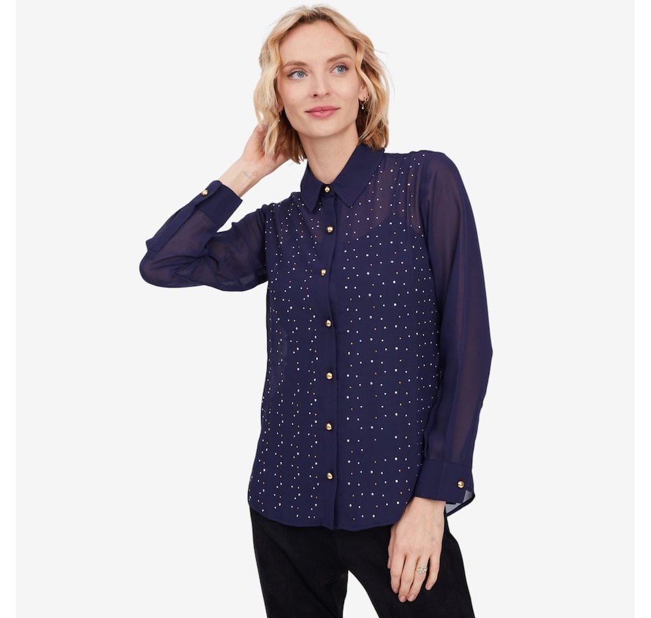 Image 103092_NVY.jpg, Product 103-092 / Price $119.99, Isaac Mizrahi Chiffon Embellished Button Down Shirt from Isaac Mizrahi New York on TSC.ca's Fashion department