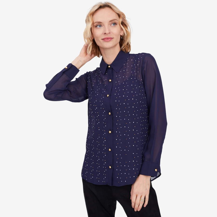 Image 103092_NVY.jpg, Product 103-092 / Price $19.33, Isaac Mizrahi Chiffon Embellished Button Down Shirt from Isaac Mizrahi New York on TSC.ca's Fashion department