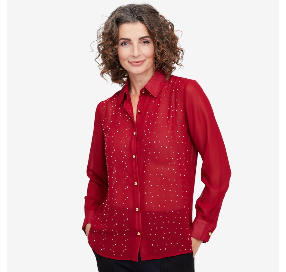 Image 103092_WIN.jpg, Product 103-092 / Price $119.99, Isaac Mizrahi Chiffon Embellished Button Down Shirt from Isaac Mizrahi New York on TSC.ca's Fashion department