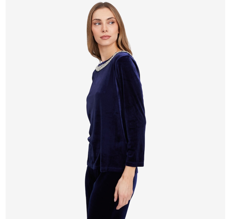 Image 103196_ALTMORE1.jpg, Product 103-196 / Price $69.99, Isaac Mizrahi Embellished Velvet Ballet Neck Top from Isaac Mizrahi New York on TSC.ca's Fashion department