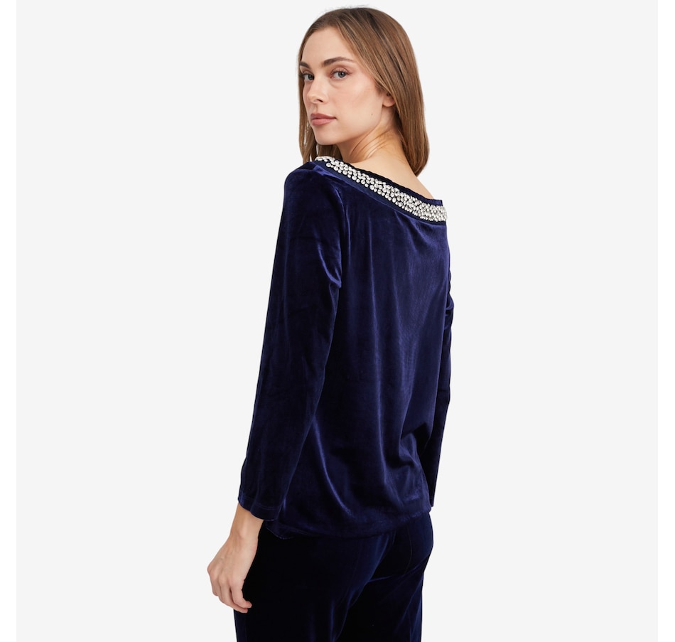 Image 103196_ALTMORE2.jpg, Product 103-196 / Price $69.99, Isaac Mizrahi Embellished Velvet Ballet Neck Top from Isaac Mizrahi New York on TSC.ca's Fashion department