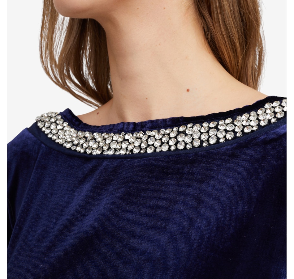 Image 103196_ALTMORE3.jpg, Product 103-196 / Price $69.99, Isaac Mizrahi Embellished Velvet Ballet Neck Top from Isaac Mizrahi New York on TSC.ca's Fashion department