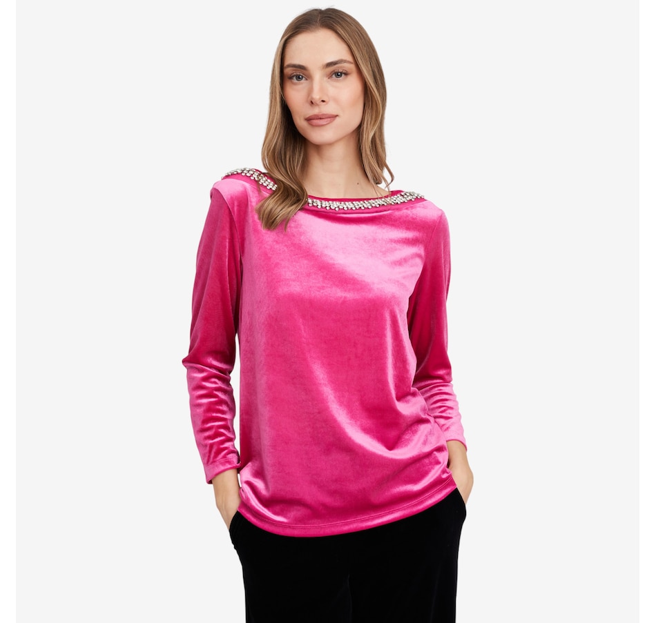 Image 103196_BEGON.jpg, Product 103-196 / Price $69.99, Isaac Mizrahi Embellished Velvet Ballet Neck Top from Isaac Mizrahi New York on TSC.ca's Fashion department