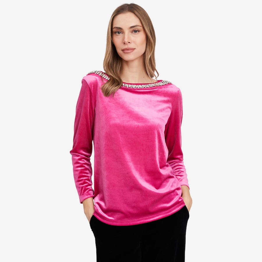 Image 103196_BEGON.jpg, Product 103-196 / Price $29.33, Isaac Mizrahi Embellished Velvet Ballet Neck Top from Isaac Mizrahi New York on TSC.ca's Fashion department