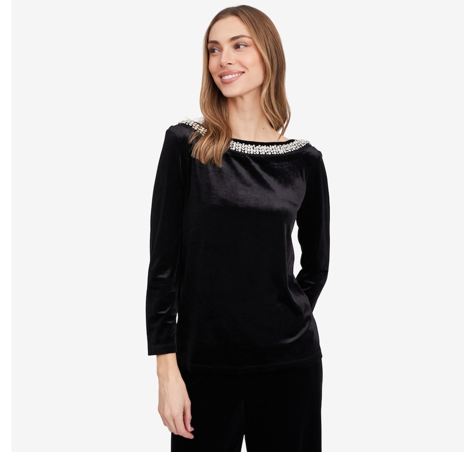 Image 103196_BLK.jpg, Product 103-196 / Price $69.99, Isaac Mizrahi Embellished Velvet Ballet Neck Top from Isaac Mizrahi New York on TSC.ca's Fashion department