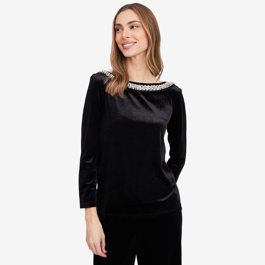 Image 103196_BLK.jpg, Product 103-196 / Price $29.33, Isaac Mizrahi Embellished Velvet Ballet Neck Top from Isaac Mizrahi New York on TSC.ca's Fashion department