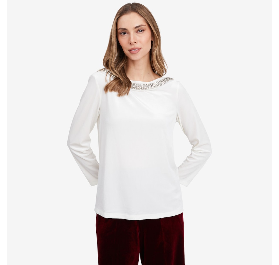 Image 103196_IVR.jpg, Product 103-196 / Price $69.99, Isaac Mizrahi Embellished Velvet Ballet Neck Top from Isaac Mizrahi New York on TSC.ca's Fashion department