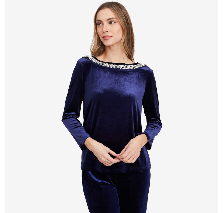 Image 103196_NVY.jpg, Product 103-196 / Price $69.99, Isaac Mizrahi Embellished Velvet Ballet Neck Top from Isaac Mizrahi New York on TSC.ca's Fashion department