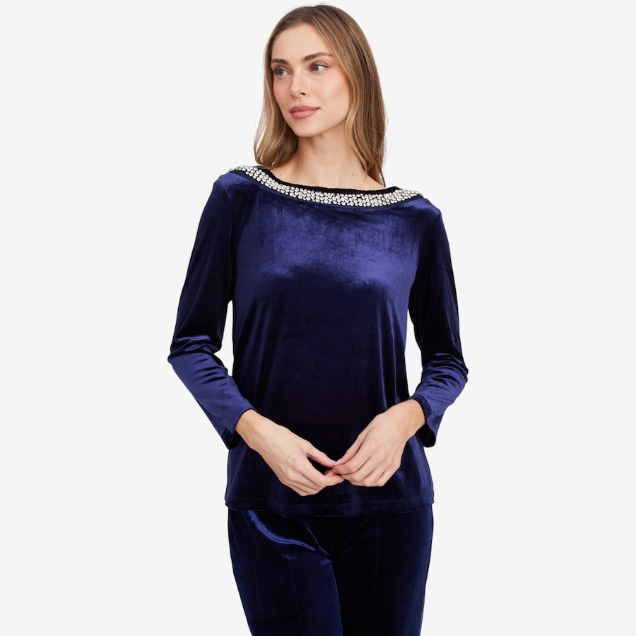 Image 103196_NVY.jpg, Product 103-196 / Price $29.33, Isaac Mizrahi Embellished Velvet Ballet Neck Top from Isaac Mizrahi New York on TSC.ca's Fashion department