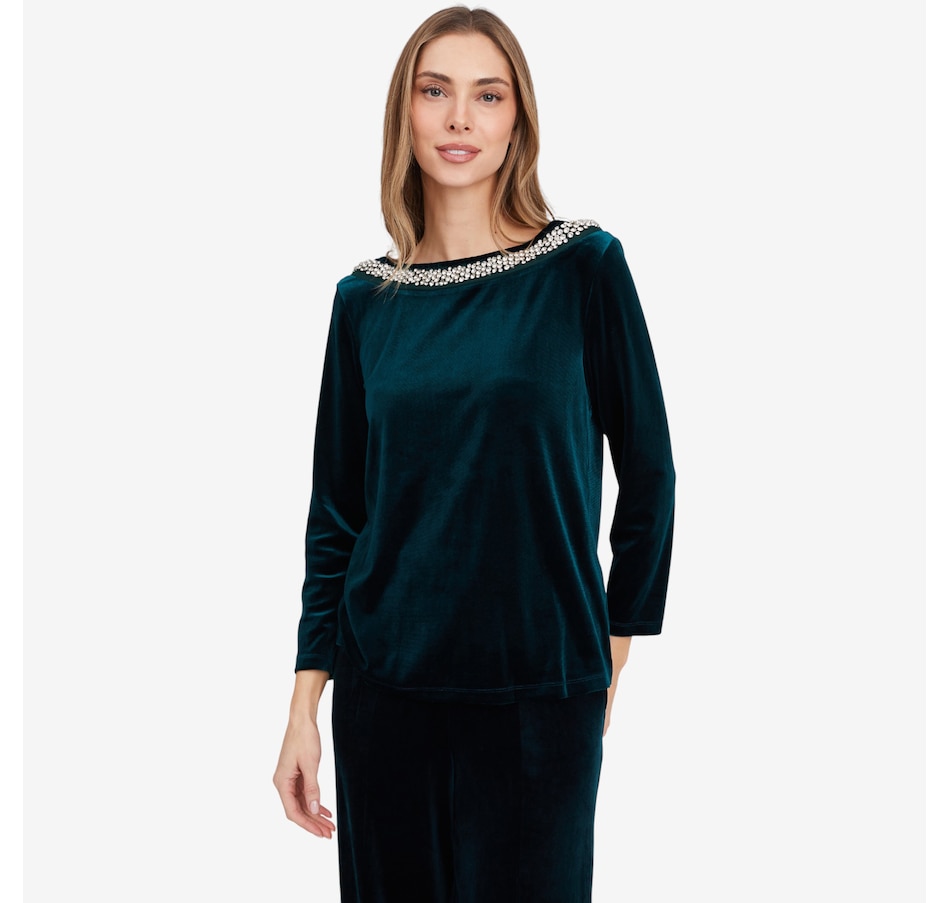 Image 103196_TLE.jpg, Product 103-196 / Price $69.99, Isaac Mizrahi Embellished Velvet Ballet Neck Top from Isaac Mizrahi New York on TSC.ca's Fashion department