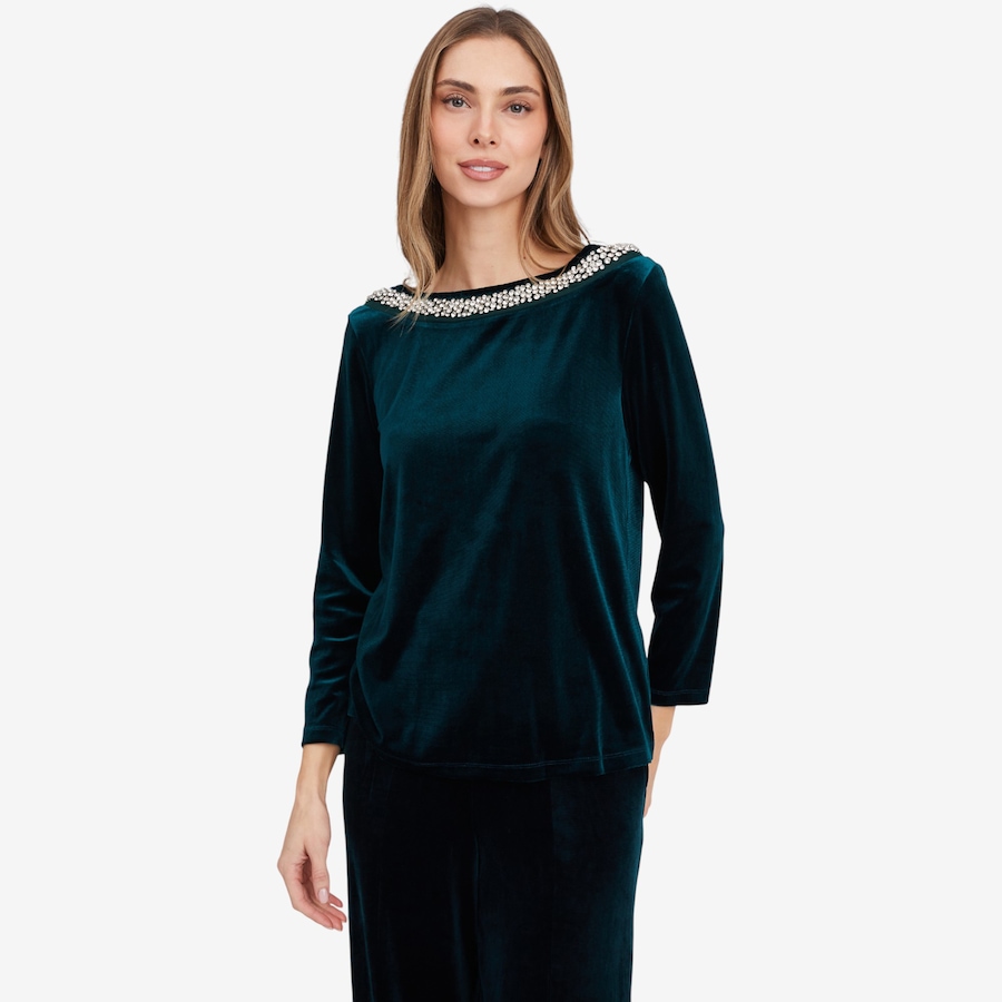 Image 103196_TLE.jpg, Product 103-196 / Price $29.33, Isaac Mizrahi Embellished Velvet Ballet Neck Top from Isaac Mizrahi New York on TSC.ca's Fashion department