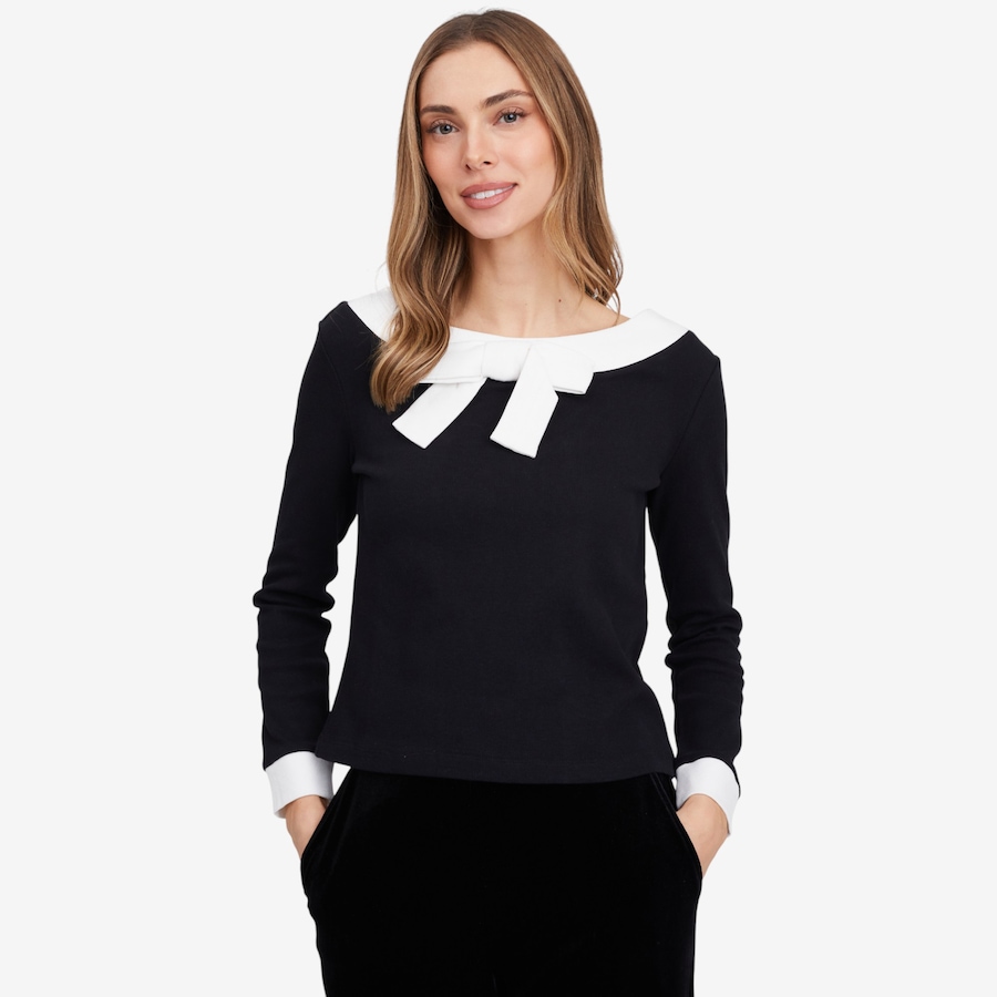 Image 103198_BKMU.jpg, Product 103-198 / Price $29.33, Isaac Mizrahi Ballet Neck Rib Bow Top from Isaac Mizrahi New York on TSC.ca's Fashion department
