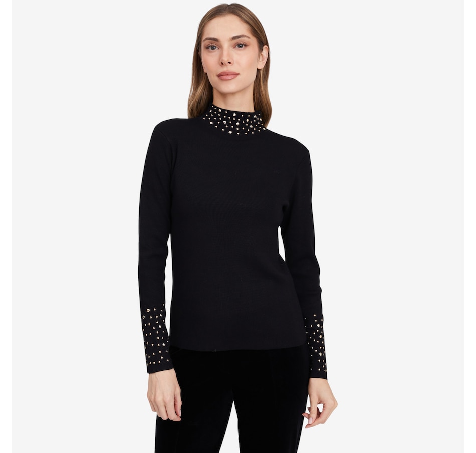 Image 103200_BLK.jpg, Product 103-200 / Price $79.99, Isaac Mizrahi Mock Neck Stud Sweater from Isaac Mizrahi New York on TSC.ca's Fashion department