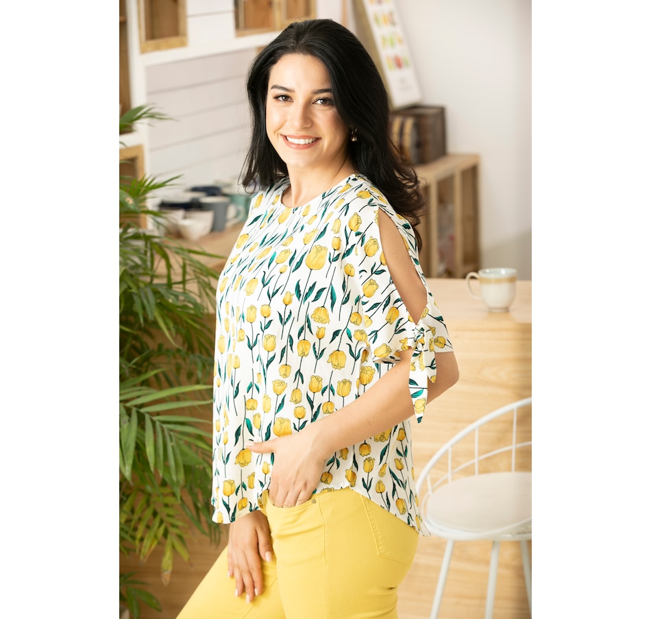 Image 103253_WHY.jpg, Product 103-253 / Price $19.88, Orange Fashion Village Aaliyah Printed Top with Tie Up Sleeve from Orange Fashion Village on TSC.ca's Fashion department