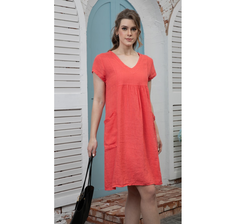 Image 103254_CRL.jpg, Product 103-254 / Price $49.88, Orange Fashion Village Lily Sleek V-Neck Dress with Pleat Detail from Orange Fashion Village on TSC.ca's Fashion department