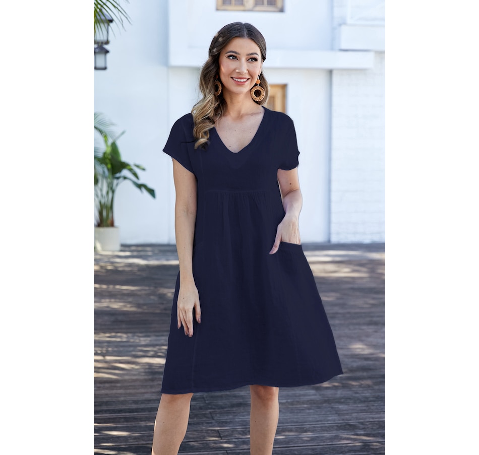 Image 103254_NVY.jpg, Product 103-254 / Price $49.88, Orange Fashion Village Lily Sleek V-Neck Dress with Pleat Detail from Orange Fashion Village on TSC.ca's Fashion department