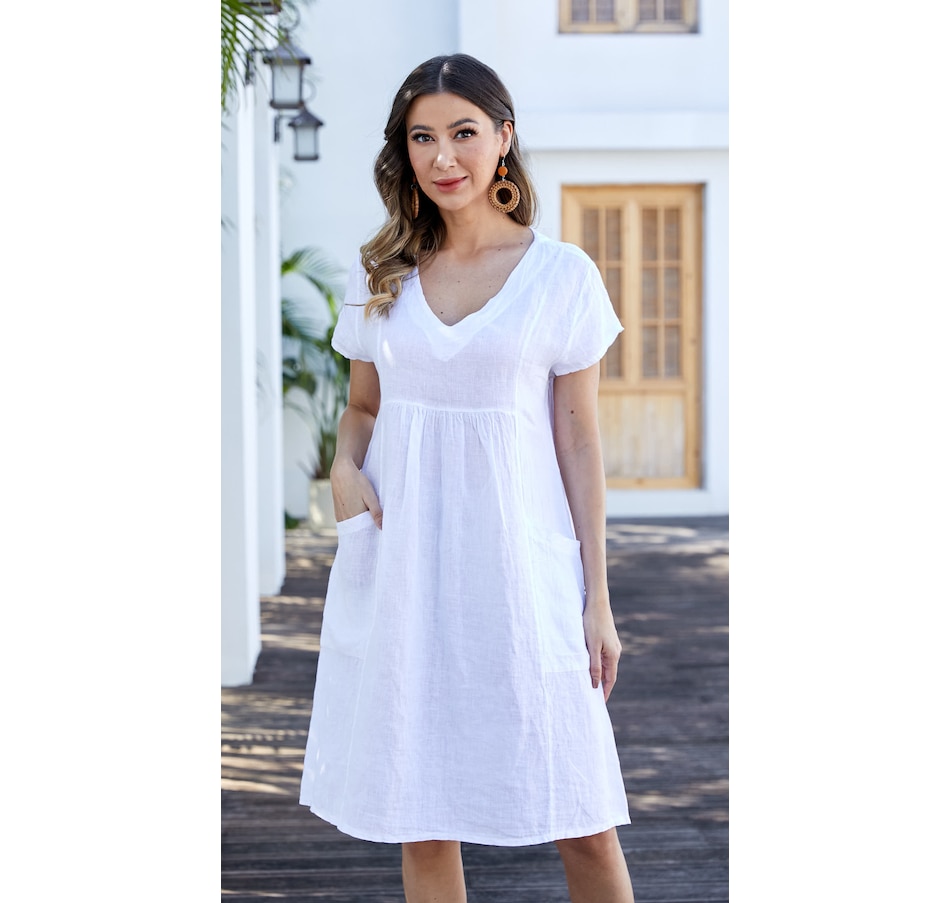 Image 103254_WHT.jpg, Product 103-254 / Price $49.88, Orange Fashion Village Lily Sleek V-Neck Dress with Pleat Detail from Orange Fashion Village on TSC.ca's Fashion department