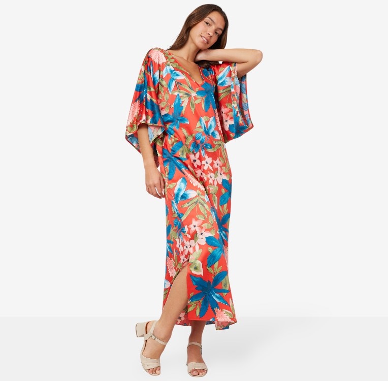 N Natori Tropical Breeze Stretch Silky Satin Kimono Caftan
