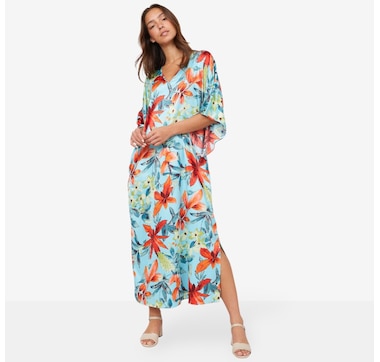 Product 103-323 / Price $79.99 , N Natori Tropical Breeze Stretch Silky Satin Kimono Caftan