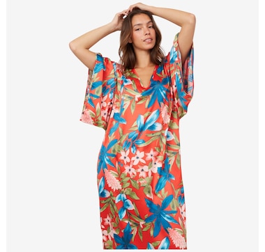 N Natori Tropical Breeze Stretch Silky Satin Kimono Caftan