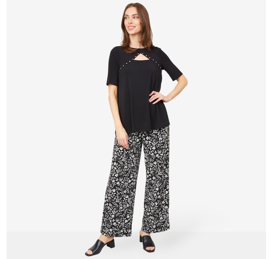 Image 103462_BKIV.jpg, Product 103-462 / Price $64.99, Nina Leonard Elbow Sleeve Peek-a-Boo Top & Printed Pant from Nina Leonard on TSC.ca's Clothing & Shoes department