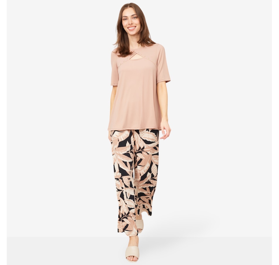 Image 103462_BKPLE.jpg, Product 103-462 / Price $64.99, Nina Leonard Elbow Sleeve Peek-a-Boo Top & Printed Pant from Nina Leonard on TSC.ca's Clothing & Shoes department
