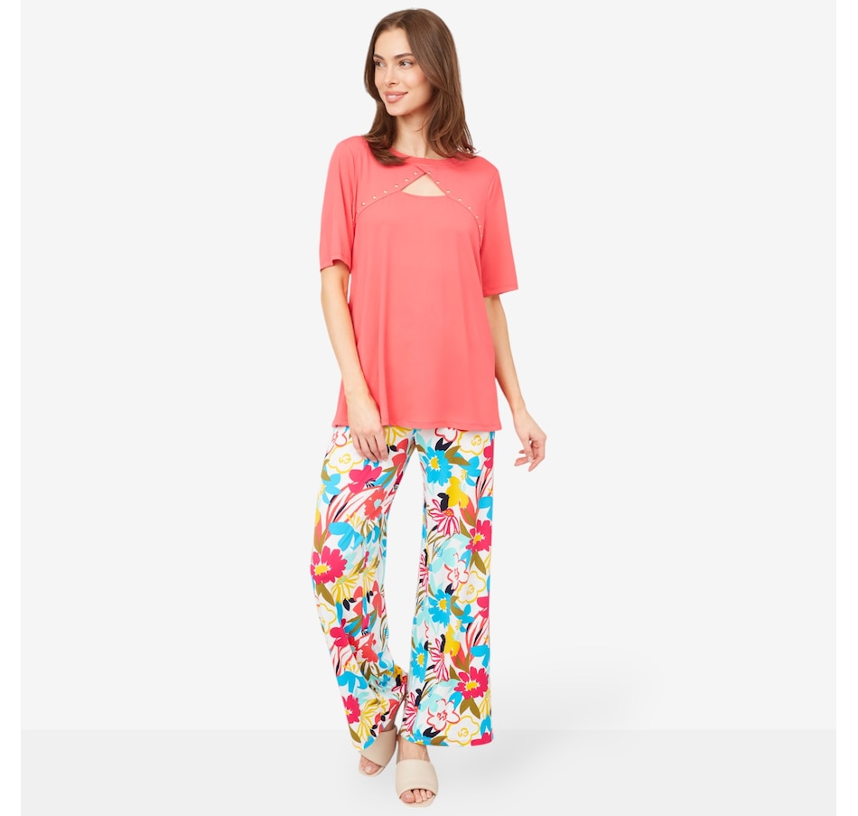 Image 103462_FPU.jpg, Product 103-462 / Price $64.99, Nina Leonard Elbow Sleeve Peek-a-Boo Top & Printed Pant from Nina Leonard on TSC.ca's Clothing & Shoes department