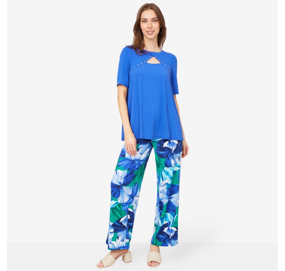 Image 103462_HIGMI.jpg, Product 103-462 / Price $64.99, Nina Leonard Elbow Sleeve Peek-a-Boo Top & Printed Pant from Nina Leonard on TSC.ca's Clothing & Shoes department