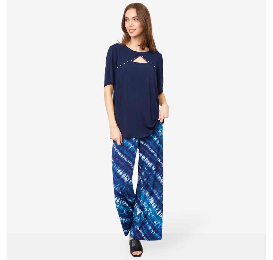 Image 103462_NVM.jpg, Product 103-462 / Price $64.99, Nina Leonard Elbow Sleeve Peek-a-Boo Top & Printed Pant from Nina Leonard on TSC.ca's Clothing & Shoes department
