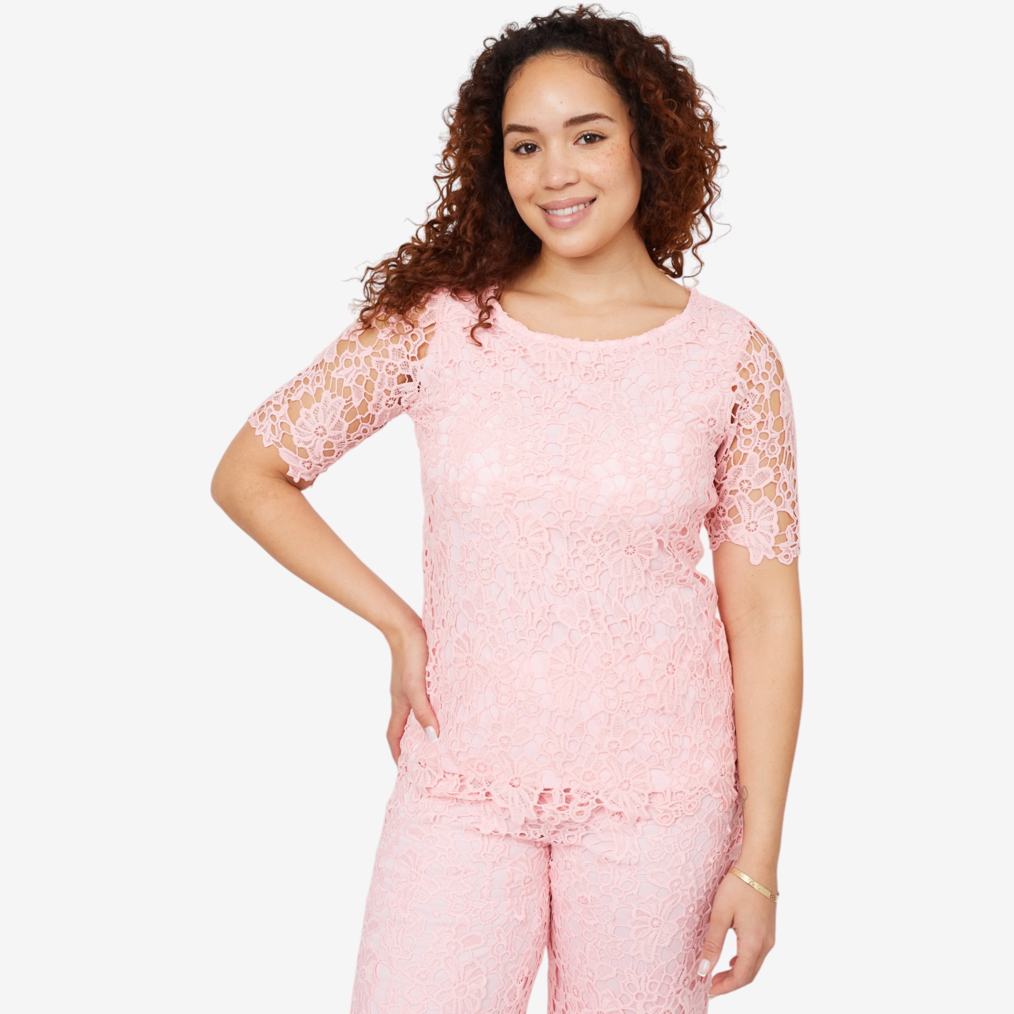 Nina Leonard Elbow Sleeve Round Neck Lace Top - TSC.ca