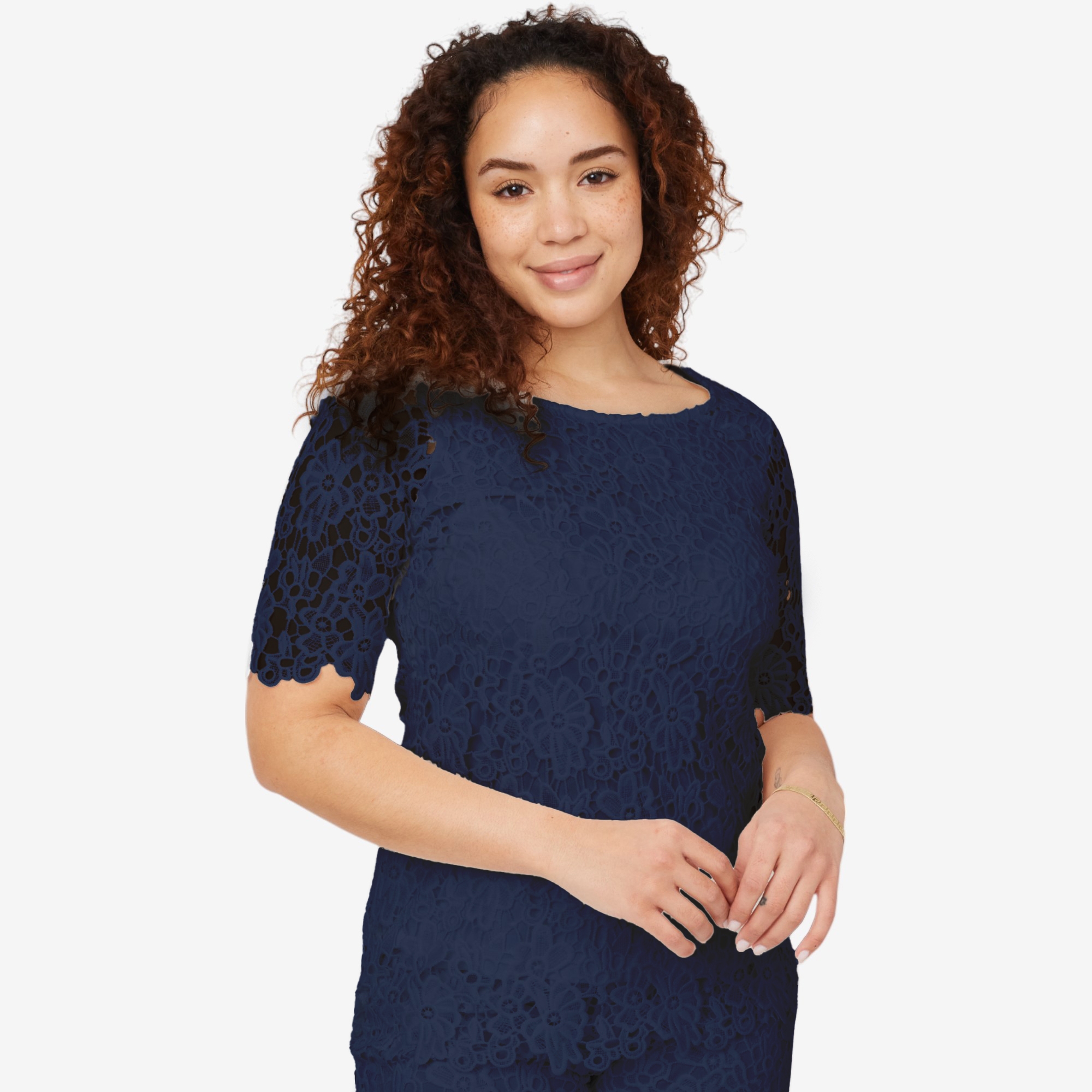 Nina Leonard Elbow Sleeve Round Neck Lace Top - TSC.ca