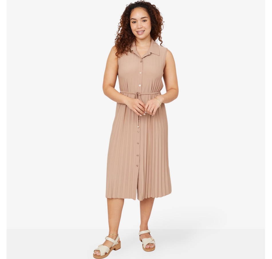Nina Leonard Collared Pleated ITY Sleeveless Shirtdress