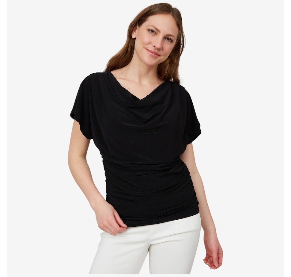 Image 103473_BLK.jpg, Product 103-473 / Price $19.33, Nina Leonard Draped Neck Dolman Short Sleeve Top from Nina Leonard on TSC.ca's Fashion department